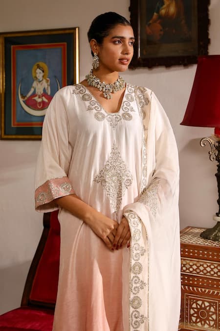 Shop_Roohbyridhimaa_Pink Organza, Viscose, Silk Sequins, Zari V-neck Ombre Asymmetric Kurta Pant Set _Online_at_Aza_Fashions