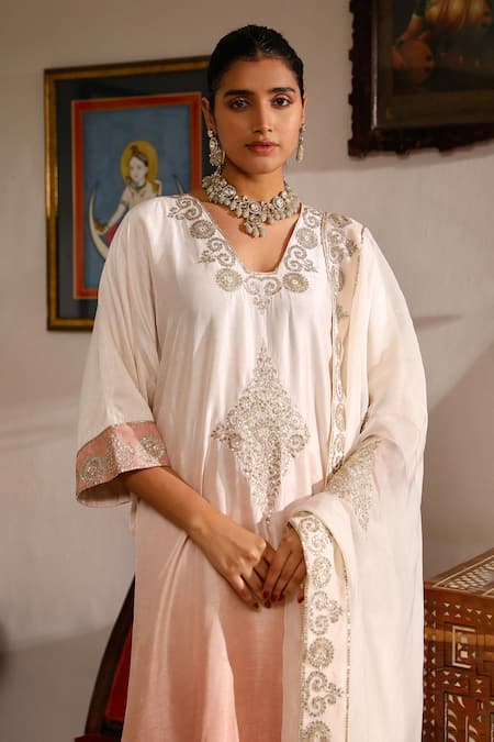 Roohbyridhimaa_Pink Organza, Viscose, Silk Sequins, Zari V-neck Ombre Asymmetric Kurta Pant Set _at_Aza_Fashions