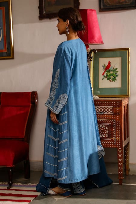 Shop Roohbyridhimaa Blue Organza, Viscose Embroidery, Sequins, Zari Mirza Resham Kurta Pant Set at Aza Fashions Shop_Roohbyridhimaa_Blue Organza, Viscose Embroidery, Sequins, Zari Mirza Resham Kurta Pant Set _at_Aza_Fashions