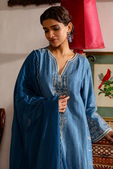 Roohbyridhimaa Blue Organza, Viscose Embroidery, Sequins, Zari Mirza Resham Kurta Pant Set at Aza Fashions Roohbyridhimaa_Blue Organza, Viscose Embroidery, Sequins, Zari Mirza Resham Kurta Pant Set _at_Aza_Fashions