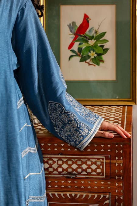 Buy Roohbyridhimaa Blue Organza, Viscose Embroidery, Sequins, Zari Mirza Resham Kurta Pant Set Buy_Roohbyridhimaa_Blue Organza, Viscose Embroidery, Sequins, Zari Mirza Resham Kurta Pant Set