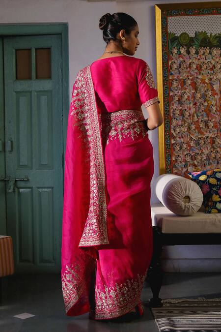 Shop_Roohbyridhimaa_Pink Organza, Mohini Floral Jaal Embroidered Saree With Unstitched Blouse Piece _at_Aza_Fashions