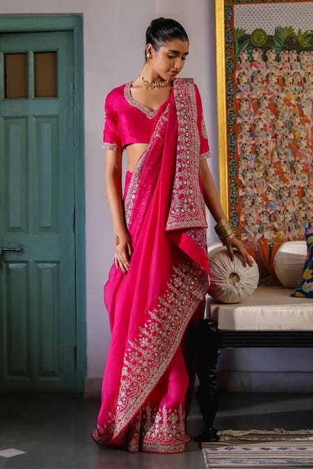 Roohbyridhimaa_Pink Organza, Mohini Floral Jaal Embroidered Saree With Unstitched Blouse Piece _Online_at_Aza_Fashions