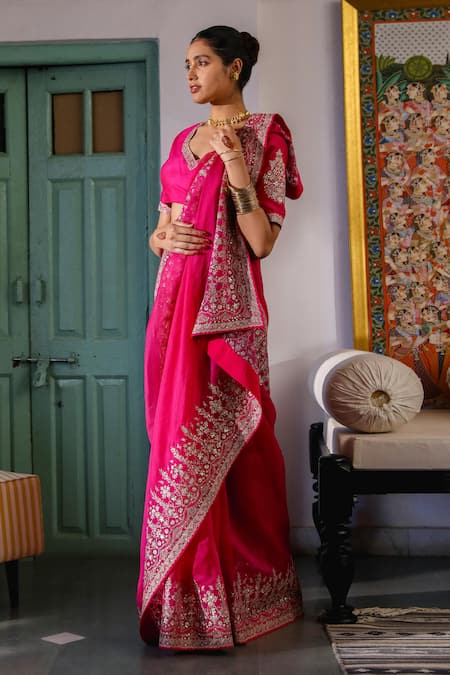 Buy_Roohbyridhimaa_Pink Organza, Mohini Floral Jaal Embroidered Saree With Unstitched Blouse Piece _Online_at_Aza_Fashions