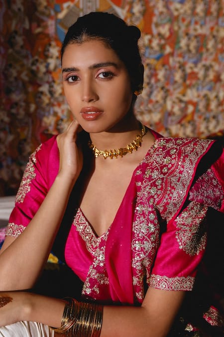 Shop_Roohbyridhimaa_Pink Organza, Mohini Floral Jaal Embroidered Saree With Unstitched Blouse Piece _Online_at_Aza_Fashions