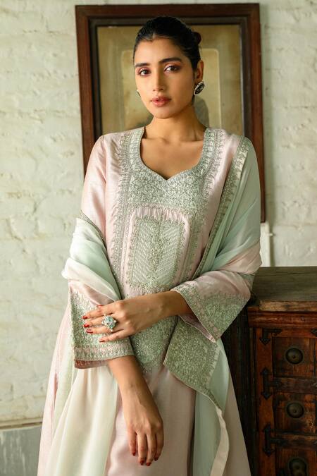 Roohbyridhimaa Pink Organza, Viscose, Silk Sequins, Patchwork, Zari Mudassar Kurta Pant Set at Aza Fashions Roohbyridhimaa_Pink Organza, Viscose, Silk Sequins, Patchwork, Zari Mudassar Kurta Pant Set _at_Aza_Fashions