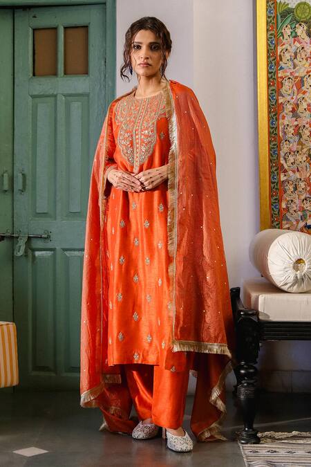 Roohbyridhimaa_Orange Silk, Chanderi, Viscose Sequins, Muktalif Embroidered Kurta Pant Set _Online_at_Aza_Fashions