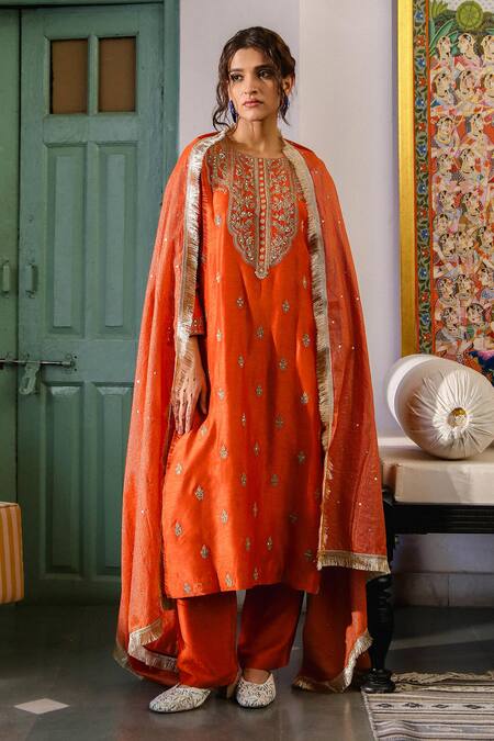 Buy_Roohbyridhimaa_Orange Silk, Chanderi, Viscose Sequins, Muktalif Embroidered Kurta Pant Set _Online_at_Aza_Fashions