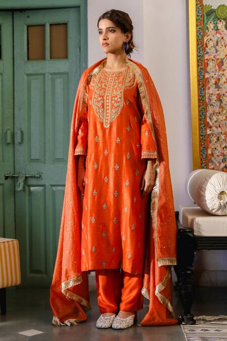 Shop_Roohbyridhimaa_Orange Silk, Chanderi, Viscose Sequins, Muktalif Embroidered Kurta Pant Set _Online_at_Aza_Fashions