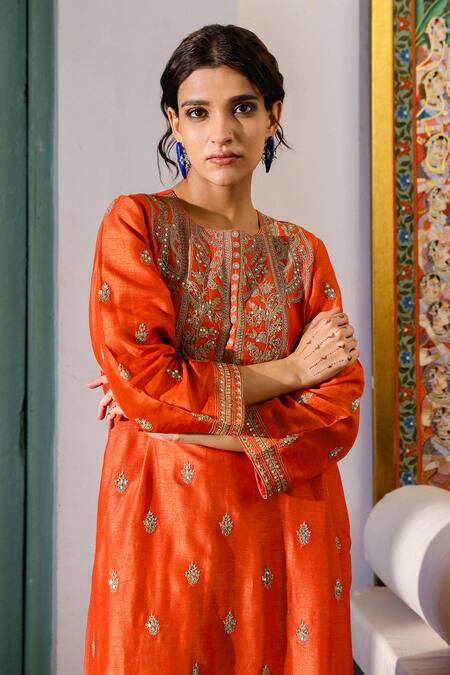 Roohbyridhimaa_Orange Silk, Chanderi, Viscose Sequins, Muktalif Embroidered Kurta Pant Set _at_Aza_Fashions