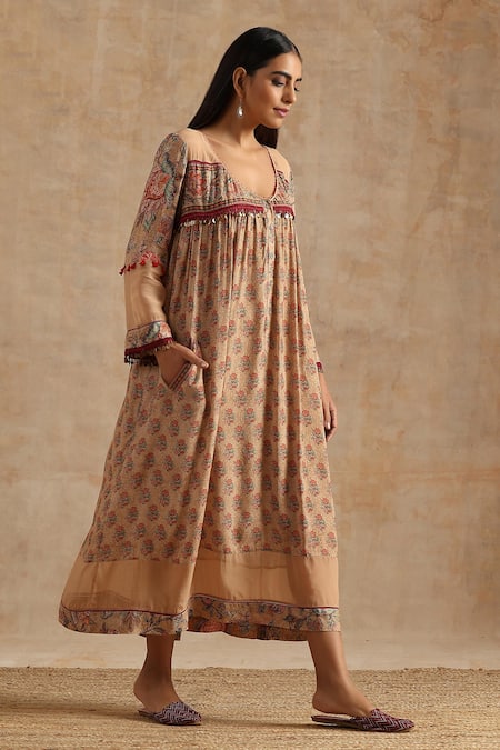 Samvrih_Beige Organza, Muslin Beads, Embroidery Round Neck Floral Print Dress _Online_at_Aza_Fashions