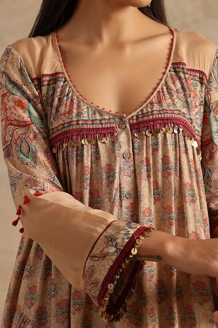 Buy_Samvrih_Beige Organza, Muslin Beads, Embroidery Round Neck Floral Print Dress _Online_at_Aza_Fashions