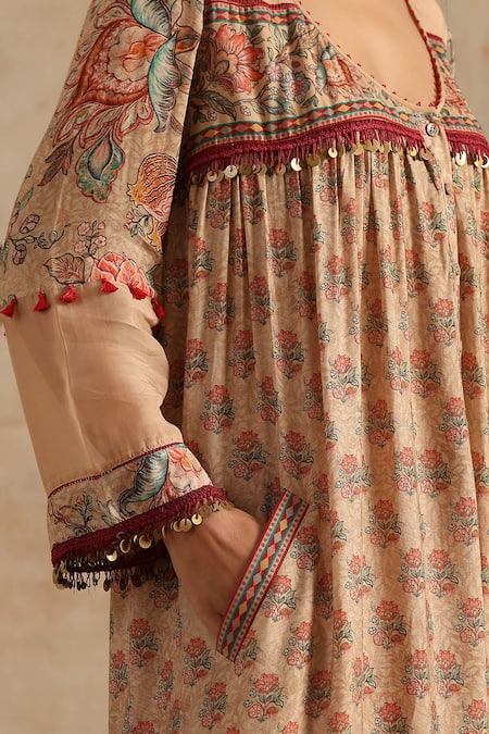 Shop_Samvrih_Beige Organza, Muslin Beads, Embroidery Round Neck Floral Print Dress _Online_at_Aza_Fashions