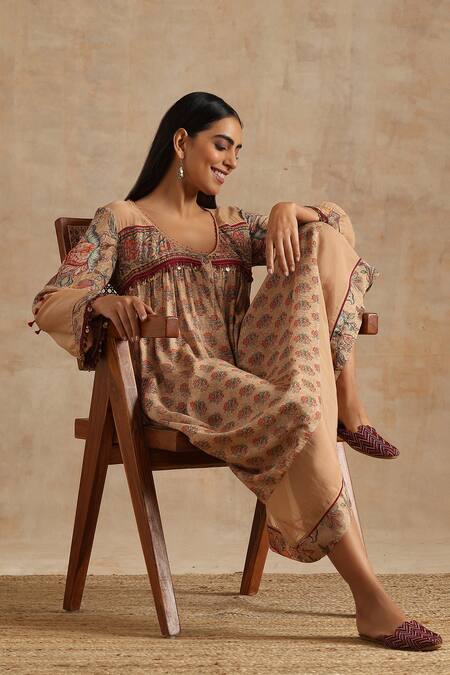 Samvrih_Beige Organza, Muslin Beads, Embroidery Round Neck Floral Print Dress _at_Aza_Fashions