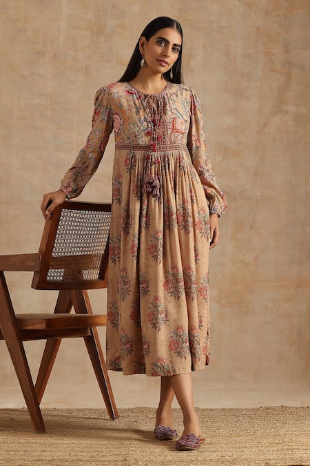 SAMVRIH Beige Muslin (60% Viscose Digital Printed Floral Round Pattern Dress 
