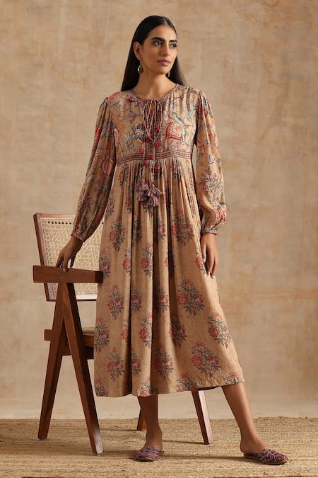 Samvrih_Beige Silk, Muslin, Voile Embroidery Round Neck Floral Pattern Dress _Online_at_Aza_Fashions