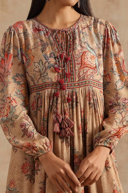 Buy_Samvrih_Beige Silk, Muslin, Voile Embroidery Round Neck Floral Pattern Dress _Online_at_Aza_Fashions
