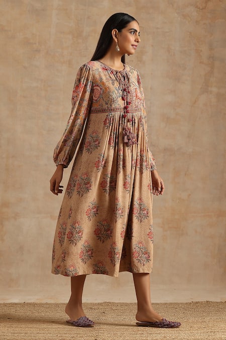 Shop_Samvrih_Beige Silk, Muslin, Voile Embroidery Round Neck Floral Pattern Dress _Online_at_Aza_Fashions