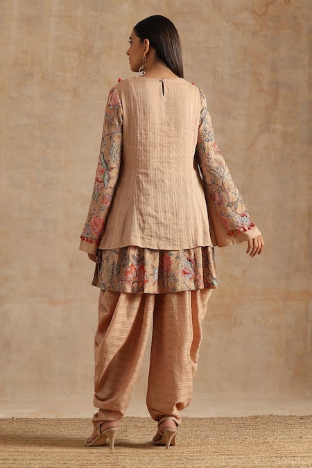 Shop_Samvrih_Beige Cotton, Silk, Muslin Beads, Tassels, Floral Print Top And Dhoti Pant Set _at_Aza_Fashions