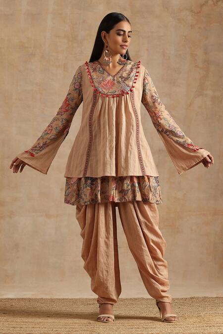 Samvrih_Beige Cotton, Silk, Muslin Beads, Tassels, Floral Print Top And Dhoti Pant Set _Online_at_Aza_Fashions