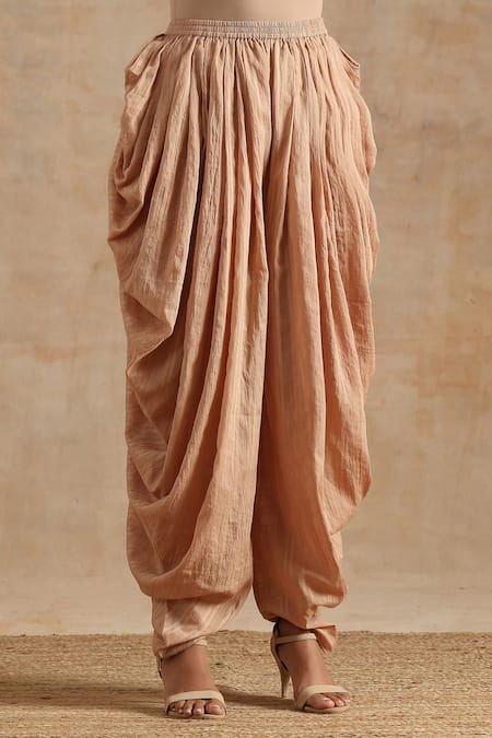 Buy_Samvrih_Beige Cotton, Silk, Muslin Beads, Tassels, Floral Print Top And Dhoti Pant Set _Online_at_Aza_Fashions