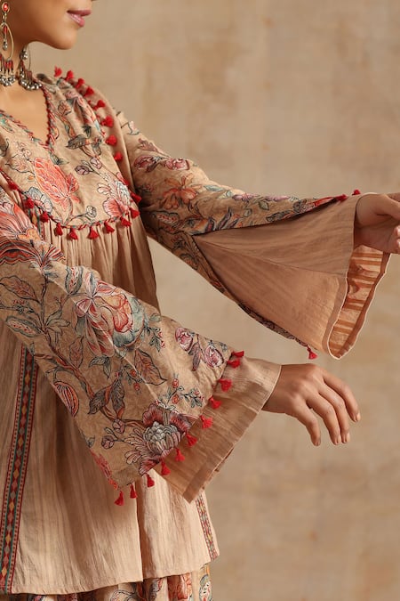 Shop_Samvrih_Beige Cotton, Silk, Muslin Beads, Tassels, Floral Print Top And Dhoti Pant Set _Online_at_Aza_Fashions