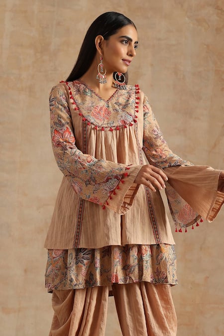 Samvrih_Beige Cotton, Silk, Muslin Beads, Tassels, Floral Print Top And Dhoti Pant Set _at_Aza_Fashions