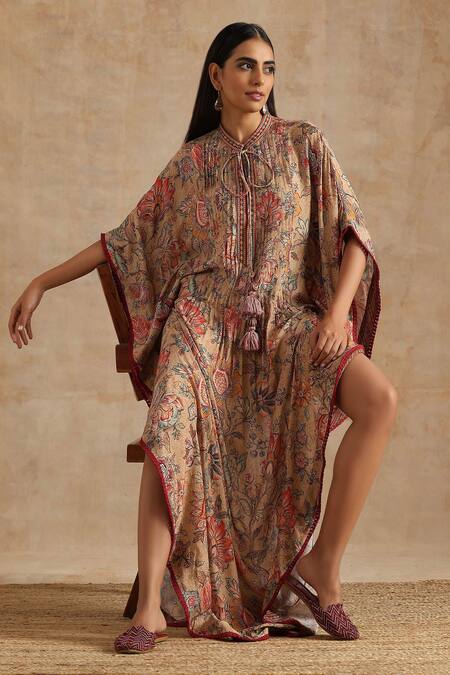 Samvrih_Beige Silk, Viscose Tassels High Neck Floral Print Long Kaftan _Online_at_Aza_Fashions