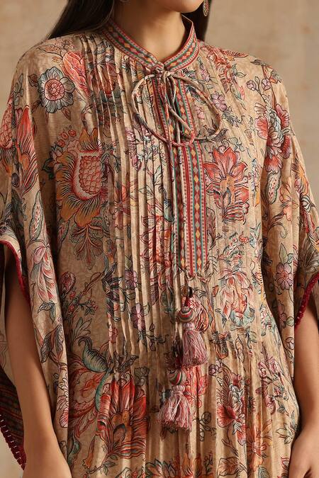Buy_Samvrih_Beige Silk, Viscose Tassels High Neck Floral Print Long Kaftan _Online_at_Aza_Fashions