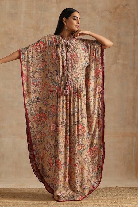 Shop_Samvrih_Beige Silk, Viscose Tassels High Neck Floral Print Long Kaftan _Online_at_Aza_Fashions