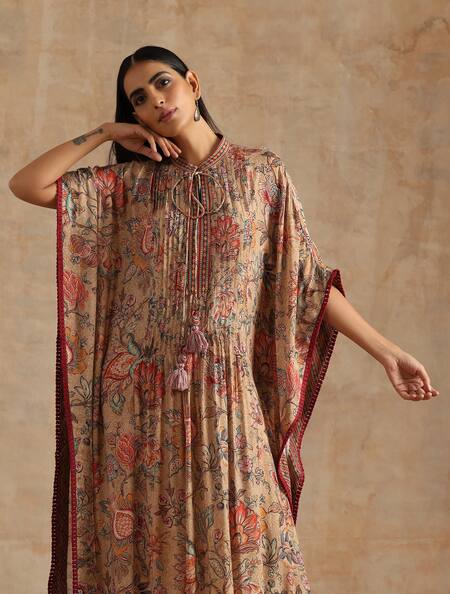 Samvrih_Beige Silk, Viscose Tassels High Neck Floral Print Long Kaftan _at_Aza_Fashions