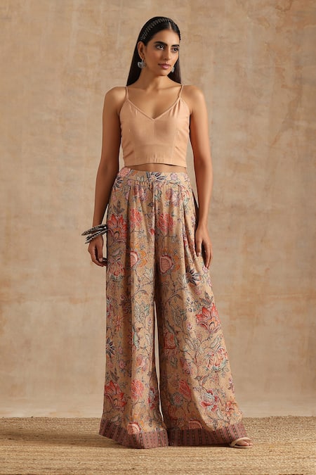 Samvrih_Beige Silk, Muslin Embroidery, Tassels Floral Print Short Kaftan And Palazzo Set _Online_at_Aza_Fashions