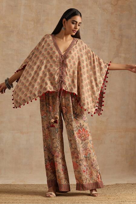 Buy_Samvrih_Beige Silk, Muslin Embroidery, Tassels Floral Print Short Kaftan And Palazzo Set _Online_at_Aza_Fashions