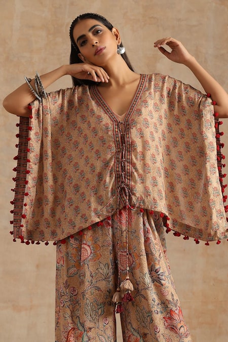Shop_Samvrih_Beige Silk, Muslin Embroidery, Tassels Floral Print Short Kaftan And Palazzo Set _Online_at_Aza_Fashions