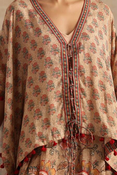 Samvrih_Beige Silk, Muslin Embroidery, Tassels Floral Print Short Kaftan And Palazzo Set _at_Aza_Fashions