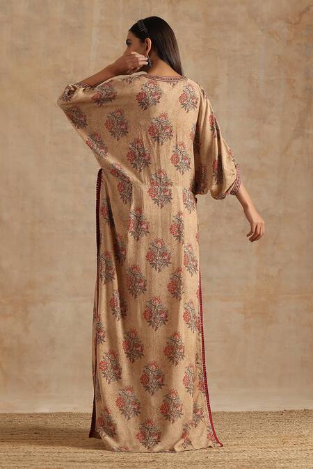 Shop_Samvrih_Beige Silk, Muslin Beads, Embroidery V-neck Floral Print Kaftan And Pant Set _at_Aza_Fashions