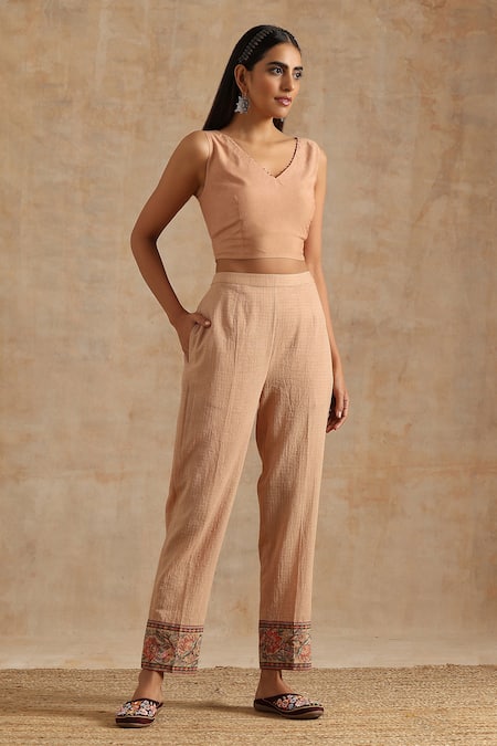 Samvrih_Beige Silk, Muslin Beads, Embroidery V-neck Floral Print Kaftan And Pant Set _Online_at_Aza_Fashions