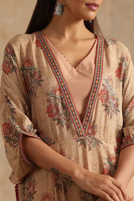 Buy_Samvrih_Beige Silk, Muslin Beads, Embroidery V-neck Floral Print Kaftan And Pant Set _Online_at_Aza_Fashions