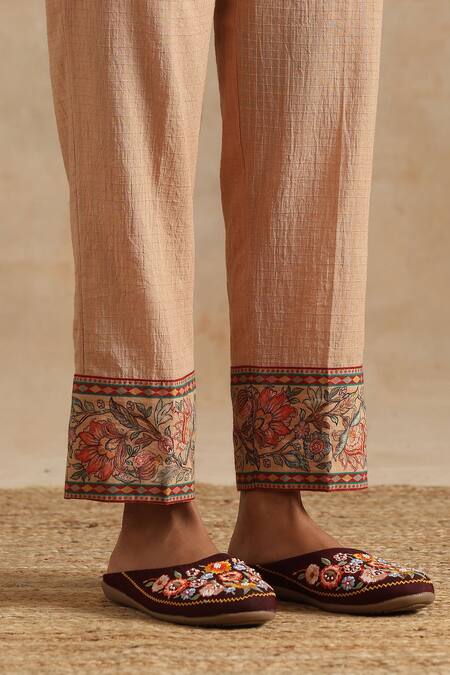 Shop_Samvrih_Beige Silk, Muslin Beads, Embroidery V-neck Floral Print Kaftan And Pant Set _Online_at_Aza_Fashions