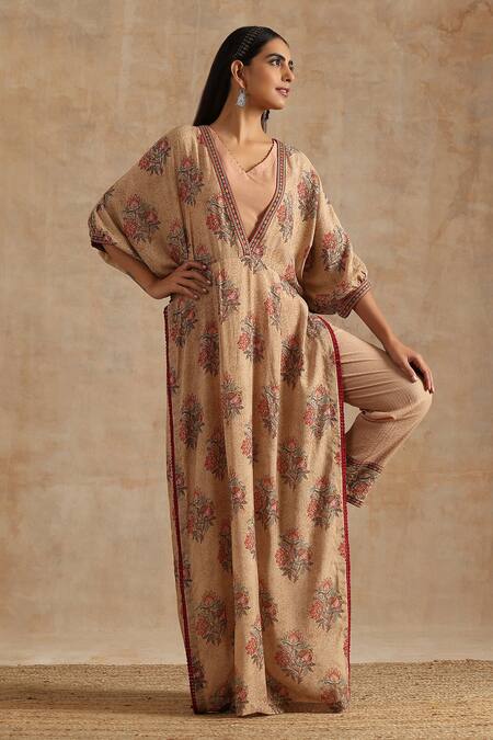 Samvrih_Beige Silk, Muslin Beads, Embroidery V-neck Floral Print Kaftan And Pant Set _at_Aza_Fashions