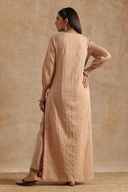 Shop_Samvrih_Beige Cotton Embroidery, Beads Split V-neck Floral Print Kurta And Palazzo Set _at_Aza_Fashions
