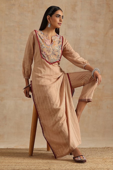 Samvrih_Beige Cotton Embroidery, Beads Split V-neck Floral Print Kurta And Palazzo Set _Online_at_Aza_Fashions
