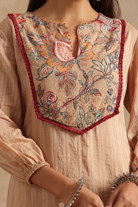 Shop_Samvrih_Beige Cotton Embroidery, Beads Split V-neck Floral Print Kurta And Palazzo Set _Online_at_Aza_Fashions