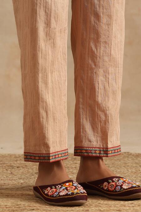 Samvrih_Beige Cotton Embroidery, Beads Split V-neck Floral Print Kurta And Palazzo Set _at_Aza_Fashions