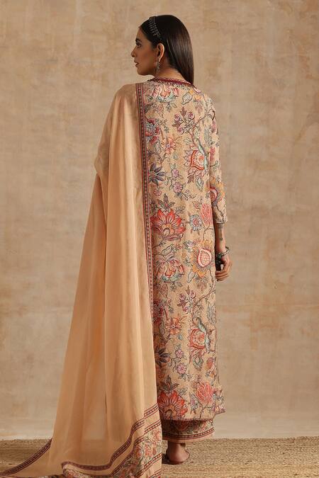 Shop_Samvrih_Beige Muslin (60% Viscose Digital Printed Floral Notched Kurta Palazzo Set _at_Aza_Fashions