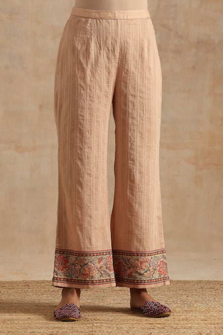 Samvrih_Beige Muslin (60% Viscose Digital Printed Floral Notched Kurta Palazzo Set _at_Aza_Fashions