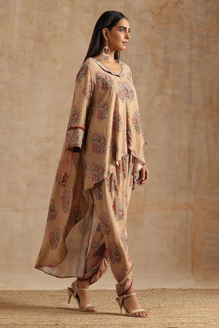 Samvrih_Beige Muslin, Silk, Viscose Embroidery, Floral Print Kurta And Dhoti Pant Set _Online_at_Aza_Fashions
