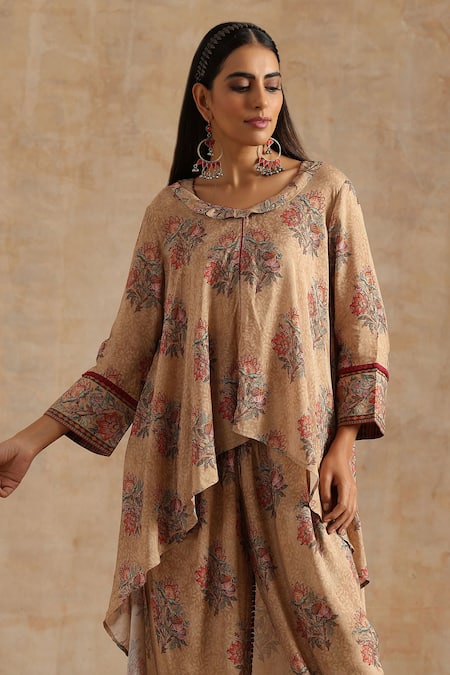 Buy_Samvrih_Beige Muslin, Silk, Viscose Embroidery, Floral Print Kurta And Dhoti Pant Set _Online_at_Aza_Fashions