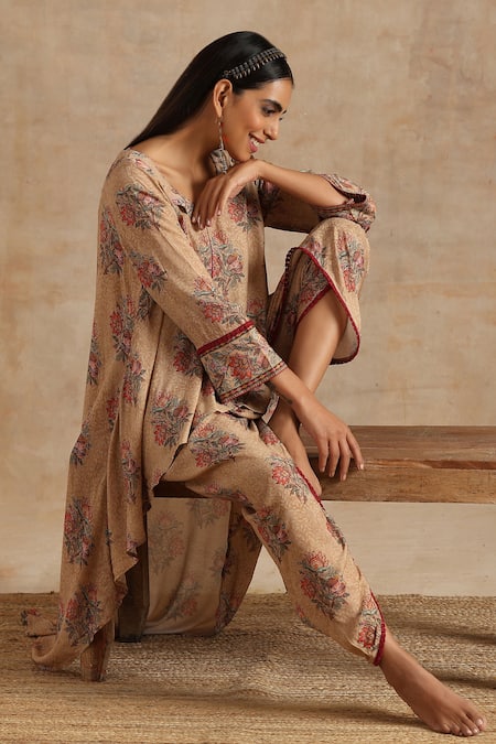 Shop_Samvrih_Beige Muslin, Silk, Viscose Embroidery, Floral Print Kurta And Dhoti Pant Set _Online_at_Aza_Fashions