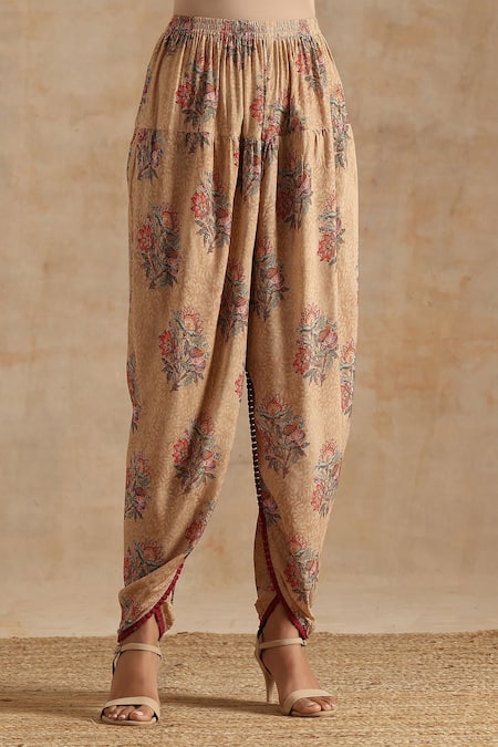 Samvrih_Beige Muslin, Silk, Viscose Embroidery, Floral Print Kurta And Dhoti Pant Set _at_Aza_Fashions